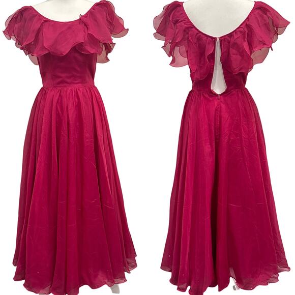 VTG 80s C&A Your Sixth Sense Fuchsia Ruffle Sequin Chiffon Maxi Gown XS Coquette - Picture 1 of 12